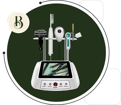 Professional 8-in-1 scalp analyzer and treatment system — HD scalp camera, massage heads, nano mist spray, red light therapy, microcurrent, vibration and heat therapy for deep scalp care and accurate analysis.