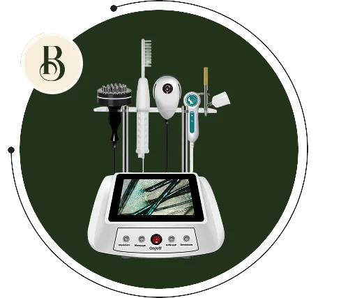 8-in-1 scalp analyzer and treatment system with HD camera, nano mist spray gun, red light therapy, and vibration massage functions for professional scalp care.