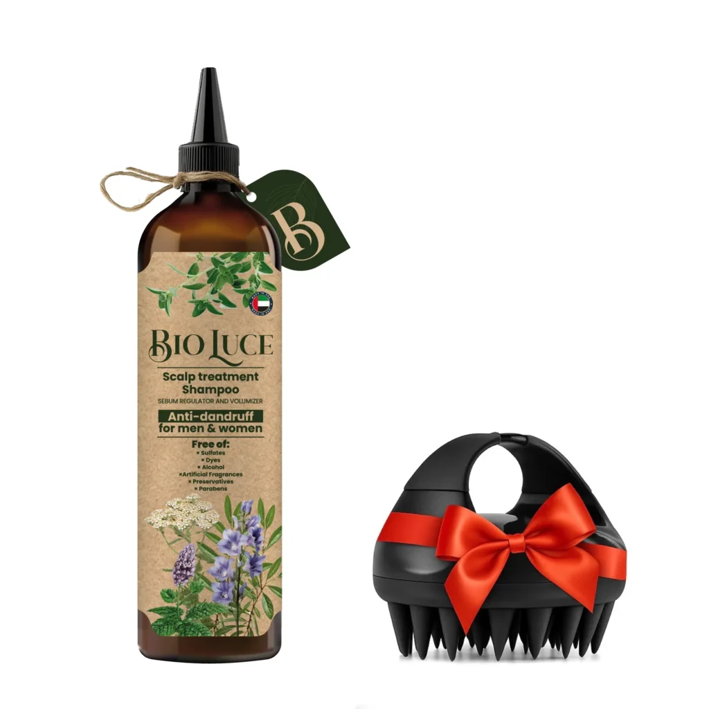 Anti-dandruff herbal scalp treatment shampoo with violet, green tea, yarrow, sidr, peppermint, and nourishing botanical oils.