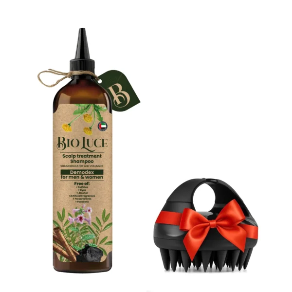 Herbal Demodex scalp treatment shampoo with cinnamon, tea tree, remannia root, active carbon, and nourishing oils such as black cumin, jojoba, argan, neem, and pumpkin seed oil.